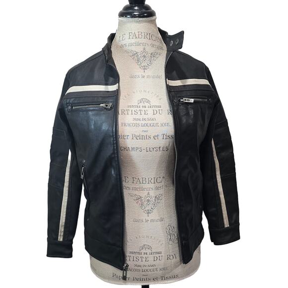 Point Zero Faux Leather Striped Moto Motorcycle Zip Up Pockets Jacket Women's S - Picture 1 of 9